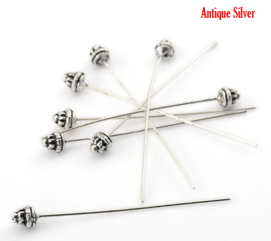 Picture of Zinc Based Alloy Ball Head Pins Antique Silver Color 5.4cm(2 1/8") long, 0.7mm (21 gauge), 50 PCs