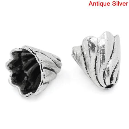 Image de Coupelle en Alliage de Zinc Cône Argent Vieilli Vague (Approprié à Perle 12mm - 16mm) 13mm x 12mm, 50 PCs
