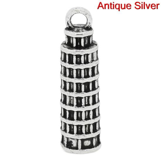 Picture of Zinc Based Alloy Travel Charms Leaning Tower of Pisa Antique Silver Color 26mm(1") x 7mm( 2/8"), 10 PCs