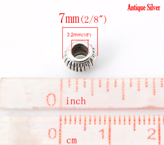 亜鉛合金 スペーサ ビーズ ランタン 銀古美 ストライプパターン 約7mm x 5mm、 　穴：約3.2mm、 100 PCs の画像