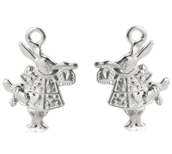 Picture of Zinc Based Alloy Easter Charms Double Sided White Rabbit Animal Silver Tone 19mm x14mm(6/8"x 4/8"), 50 PCs