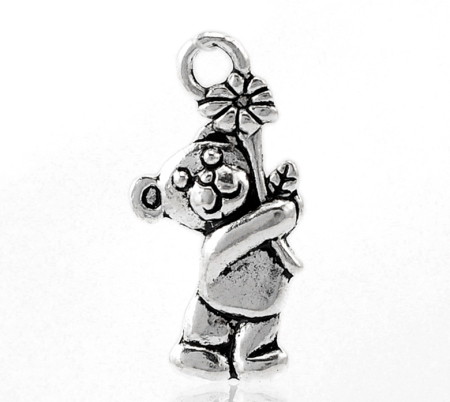 Picture of Zinc Metal Alloy Charm Pendants Bear Animal Antique Silver Color Flower Carved 19mm( 6/8") x 9mm( 3/8"), 100 PCs