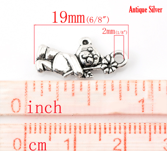 Image de Pendentifs en Alliage de Zinc Animal Ours Argent Vieilli Fleurs 19mm x 9mm, 100 Pcs