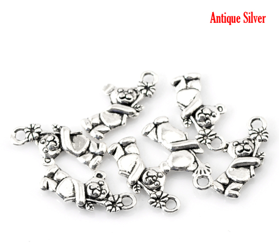 Image de Pendentifs en Alliage de Zinc Animal Ours Argent Vieilli Fleurs 19mm x 9mm, 100 Pcs