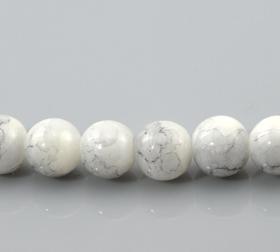 Picture of Glass Loose Beads Round White Pattern About 8mm Dia, Hole: Approx 1mm, 78cm long, 2 Strands (Approx 100 PCs/Strand)