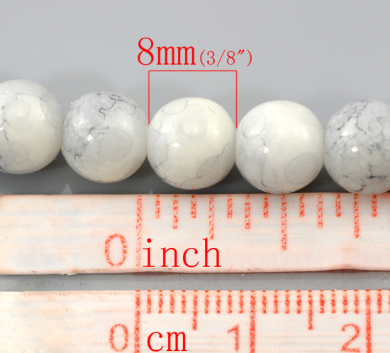 Picture of Glass Loose Beads Round White Pattern About 8mm Dia, Hole: Approx 1mm, 78cm long, 2 Strands (Approx 100 PCs/Strand)