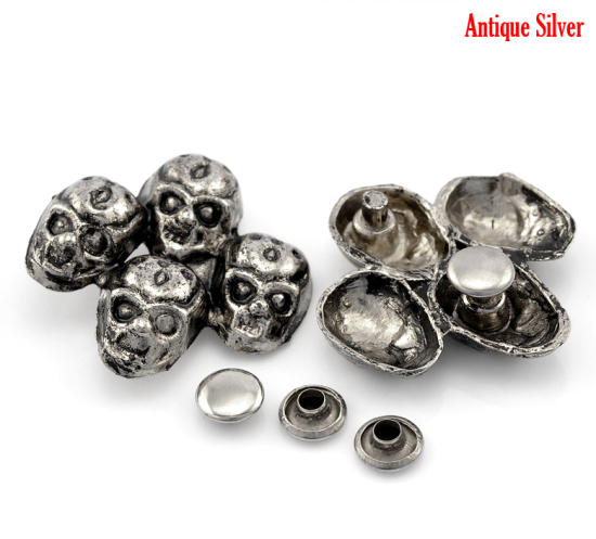 Picture of Zin Based Alloy Spike Rivet Studs Four Halloween Skull Antique Silver Color 34x33mm(1 3/8"x1 2/8") 8x3.5mm(3/8"x1/8"), 10 Sets