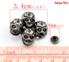 Picture of Zin Based Alloy Spike Rivet Studs Four Halloween Skull Antique Silver Color 34x33mm(1 3/8"x1 2/8") 8x3.5mm(3/8"x1/8"), 10 Sets