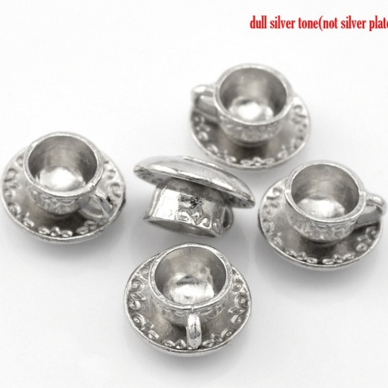 Bild von Zinklegierung 3D Geschirr Charm Anhänger Silberfarbe Kaffeetasse Gedeck 14mm x 8mm, 20 Stück
