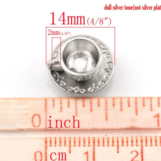 Bild von Zinklegierung 3D Geschirr Charm Anhänger Silberfarbe Kaffeetasse Gedeck 14mm x 8mm, 20 Stück