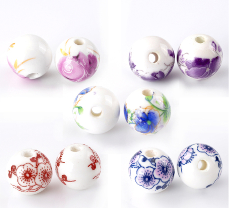 Ceramics Beads Ball Mixed Color Flower Pattern 12mm Dia, Hole: Approx 2.5mm, 30 PCs
