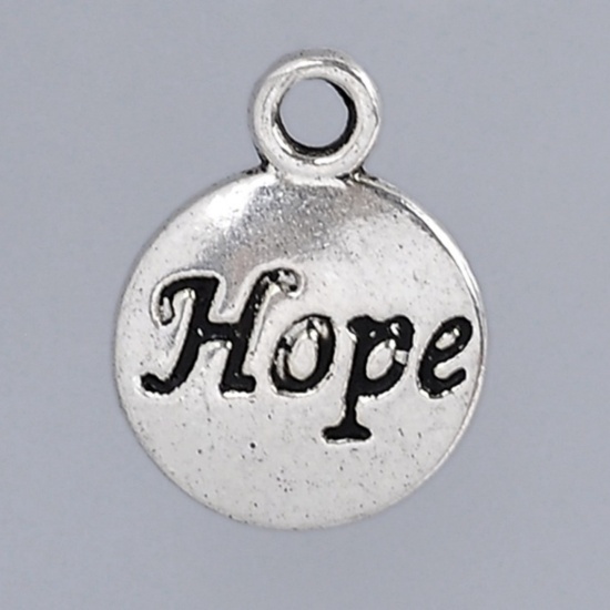 Picture of Zinc Based Alloy Charms Round Disc Antique Silver Color Message "Hope" Carved 15mm x 12mm( 5/8"x 4/8"), 50 PCs