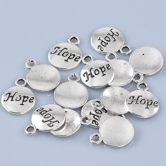 Picture of Zinc Based Alloy Charms Round Disc Antique Silver Color Message "Hope" Carved 15mm x 12mm( 5/8"x 4/8"), 50 PCs