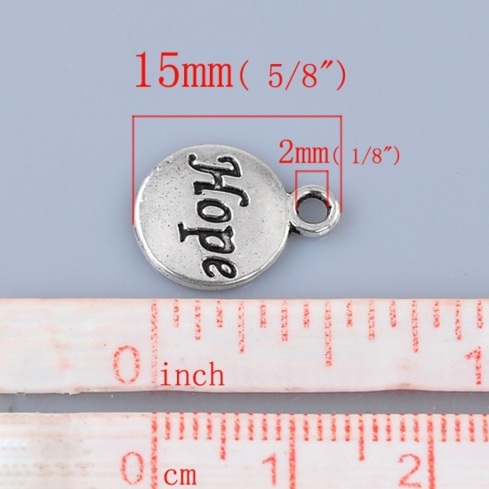 Picture of Zinc Based Alloy Charms Round Disc Antique Silver Color Message "Hope" Carved 15mm x 12mm( 5/8"x 4/8"), 50 PCs