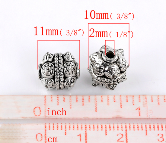 Immagine di Lega di Zinco Separatori Perline Cilindrico Argento Antico Modello Disegno Circa 11mm x 10mm, Foro:Circa 2mm, 20 Pz