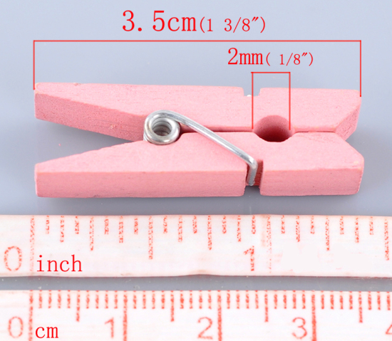 Picture of Wood Photo Paper Clothes Clothespin Clips Note Pegs Pink 35mm(1 3/8") x 7mm( 2/8"), 50 PCs