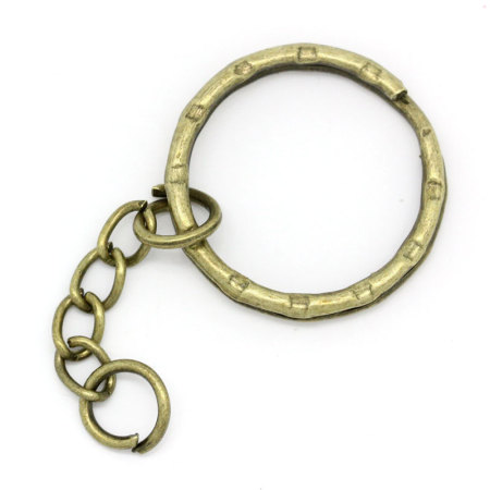 Iron Based Alloy Keychain & Keyring Round Antique Bronze Stripe Carved 5.3cm Dia, 30 PCs