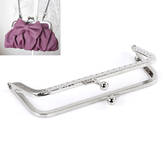 Picture of Iron Based Alloy Kiss Clasp Lock Purse Frame Rectangle Silver Tone Ball 12.8x6.5cm(5"x2 4/8"), Open Size: 12.8x12.4cm(5"x4 7/8"), 2 PCs
