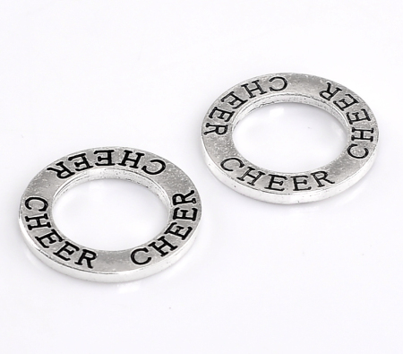 Image de Breloques en Alliage de Zinc Anneau Argent Vieilli Gravé Mots " Cheer " 22mm Dia., 30 Pcs