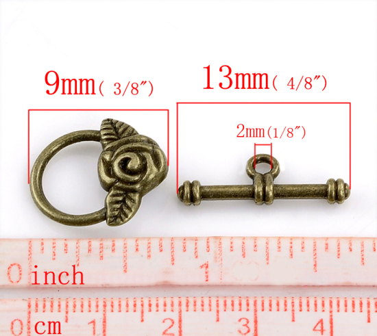 Bild von Messing Knebelverschluss Unregelmäßig Bronzefarbe mit Blumen Mtoiv 19mm x 17mm 23mm x 7mm 20 Stück