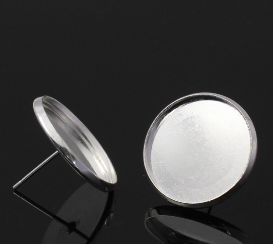 真鍮 イヤリングパーツ 円形 銀メッキ カボション台座付き 嵌合 18.0mm 20.0mm x 14.0mm、ワイヤーサイズ:（21ゲージ）、 20 PCs の画像