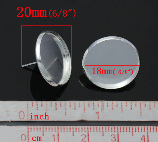 真鍮 イヤリングパーツ 円形 銀メッキ カボション台座付き 嵌合 18.0mm 20.0mm x 14.0mm、ワイヤーサイズ:（21ゲージ）、 20 PCs の画像