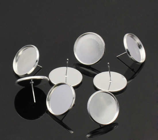 真鍮 イヤリングパーツ 円形 銀メッキ カボション台座付き 嵌合 18.0mm 20.0mm x 14.0mm、ワイヤーサイズ:（21ゲージ）、 20 PCs の画像