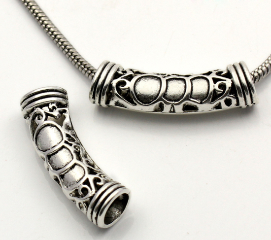Picture of Zinc Metal Alloy European Style Large Hole Charm Beads Tube Antique Silver Pattern Color Plated About 4cm x 11mm, Hole: Approx 7mm x 7.4mm, 10 PCs