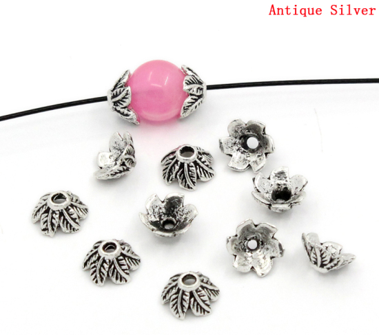 Bild von Zinklegierung Perlkappen Blumen Antiksilber (für 12mm-14mm Perlen) mit Blätter Muster 11mm x 11mm 100 Stück