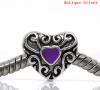 Imagen de Cuentas Agujeros Grandes Estilo Europeo Aleación del Metal Del Zinc de Corazón Púrpura Plata Antigua Rhinestone 12.0mm x 11.0mm, Aguero: acerca de 4.7mm, 20 Unidades