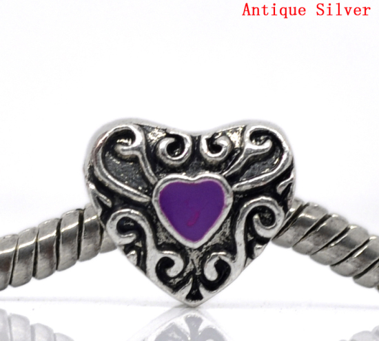 Picture of Zinc Metal Alloy European Style Large Hole Charm Beads Heart Antique Silver Color Pattern Carved Purple Enamel About 12mm x 11mm, Hole: Approx 4.7mm, 20 PCs
