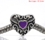 Picture of Zinc Metal Alloy European Style Large Hole Charm Beads Heart Antique Silver Color Pattern Carved Purple Enamel About 12mm x 11mm, Hole: Approx 4.7mm, 20 PCs