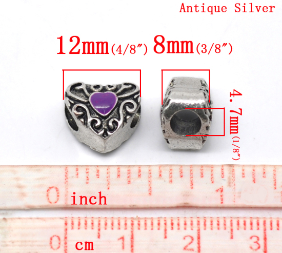 Picture of Zinc Metal Alloy European Style Large Hole Charm Beads Heart Antique Silver Color Pattern Carved Purple Enamel About 12mm x 11mm, Hole: Approx 4.7mm, 20 PCs