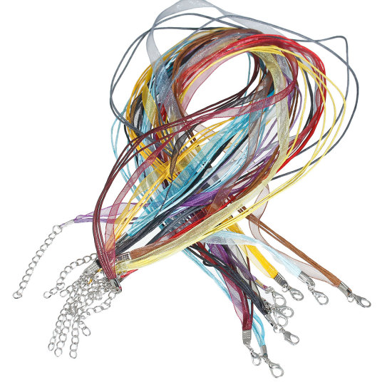 Bild von Organza Band & Wachsschnur Halskette Zufällig Mix Farben 43.2cm lang, 22 Stück