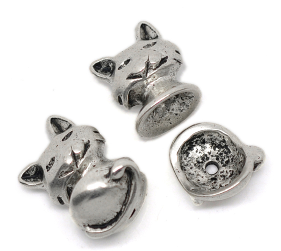Picture of Zinc Based Alloy Beads Caps Cat Antique Silver Color (Fits 10mm-12mm Beads) 13mm x 16mm 13mm x 14mm, 5 Sets