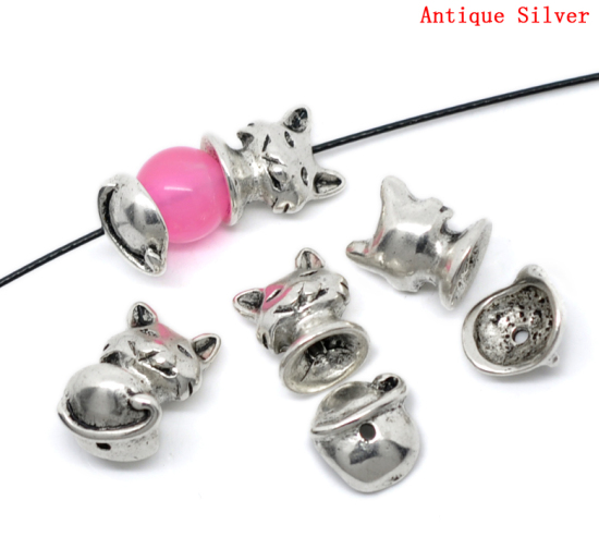 Bild von Zinklegierung Endkappen Katze Antiksilber (für 10mm-12mm Perlen) 13mm x 16mm 13mm x 14mm 5 Sets
