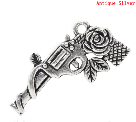 Imagen de Colgantes Aleación del Metal Del Zinc de Pistola,Flor de vid Plata Antigua Rhinestone 3.3cm x 16.0mm, 20 Unidades 