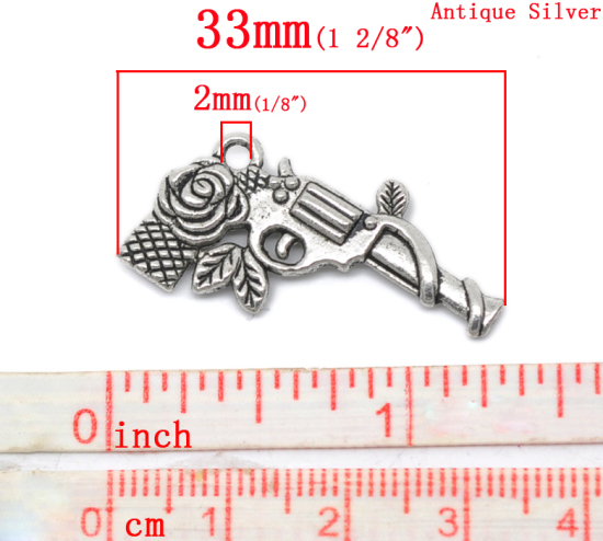 Picture of Charm Pendants Gun Revolver Antique Silver Color Flower Pattern 33x16mm,20PCs