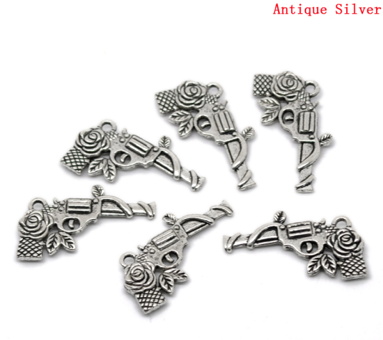 Picture of Charm Pendants Gun Revolver Antique Silver Color Flower Pattern 33x16mm,20PCs