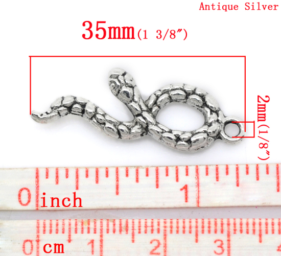Bild von Zinklegierung Charm Anhänger Schlange Tier Antik Silber 35mmx11mm, 20 Stücke
