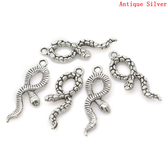 Bild von Zinklegierung Charm Anhänger Schlange Tier Antik Silber 35mmx11mm, 20 Stücke