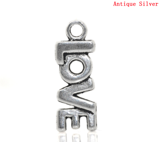 Bild von Zinklegierung Charm Anhänger Message"Love" Antiksilber 21mmx8mm, 50 Stück