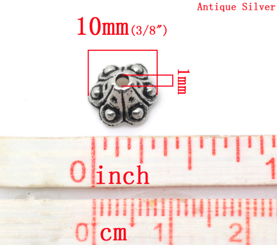 Bild von Zinklegierung Perlkappen Blumen Antiksilber (für 8mm-10mm Perlen) mit Punkt Muster 10mm x 5mm 100 Stück