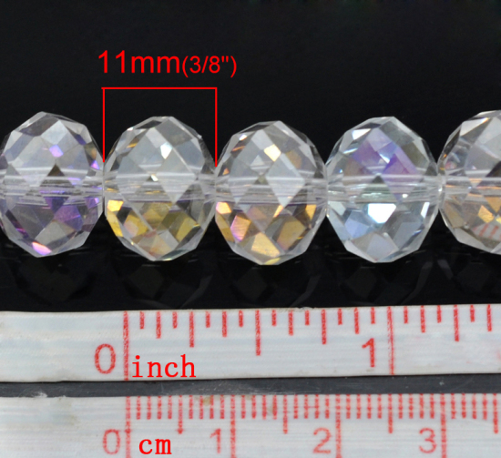 Picture of Glass Beads Rondelle Transparent Clear AB Rainbow Color Faceted About 14mm Dia, Hole: Approx 1.5mm, 61cm(24") long, 1 Strand (Approx 60 PCs/Strand)