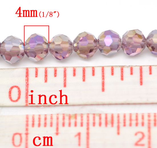 Picture of Glass Loose Beads Ball Purple AB Rainbow Color Aurora Borealis Plated Faceted About 4mm Dia, Hole: Approx 1mm, 40cm long, 3 Strands (Approx 100 PCs/Strand)