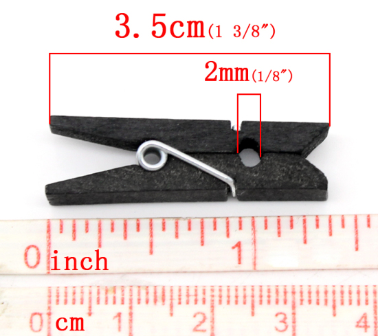 Picture of Wood Photo Paper Clothes Clothespin Clips Note Pegs Black 35mm(1 3/8") x 7mm( 2/8"), 50 PCs
