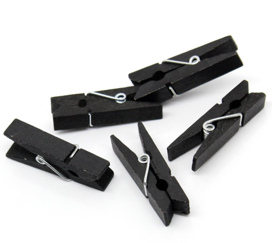 Picture of Wood Photo Paper Clothes Clothespin Clips Note Pegs Black 35mm(1 3/8") x 7mm( 2/8"), 50 PCs