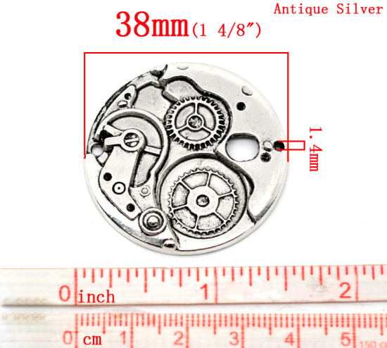 Image de Pendentifs Steampunk Engrenage en Alliage de Zinc Rond Argent Vieilli 38mm Dia, 5 Pcs