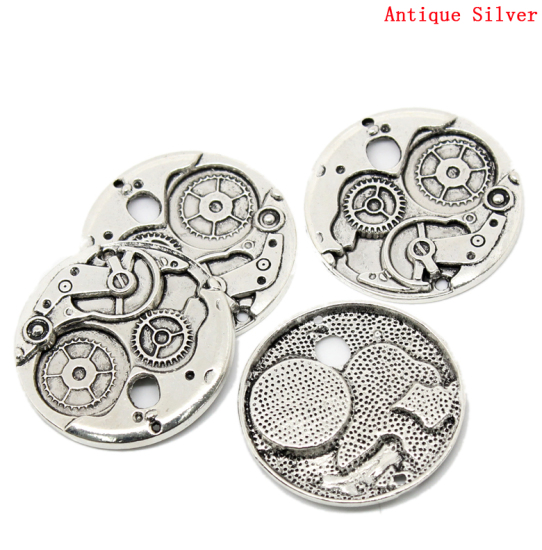 Image de Pendentifs Steampunk Engrenage en Alliage de Zinc Rond Argent Vieilli 38mm Dia, 5 Pcs
