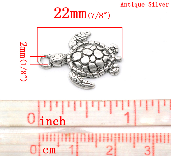 オーシャンアクセサリー 亜鉛合金 チャーム ペンダント 動物 亀 銀古美 22mm x 16mm、 50 個 の画像